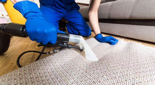 Cleaning service. Man janitor in gloves and uniform vacuum clean white carpet with professional equipment.